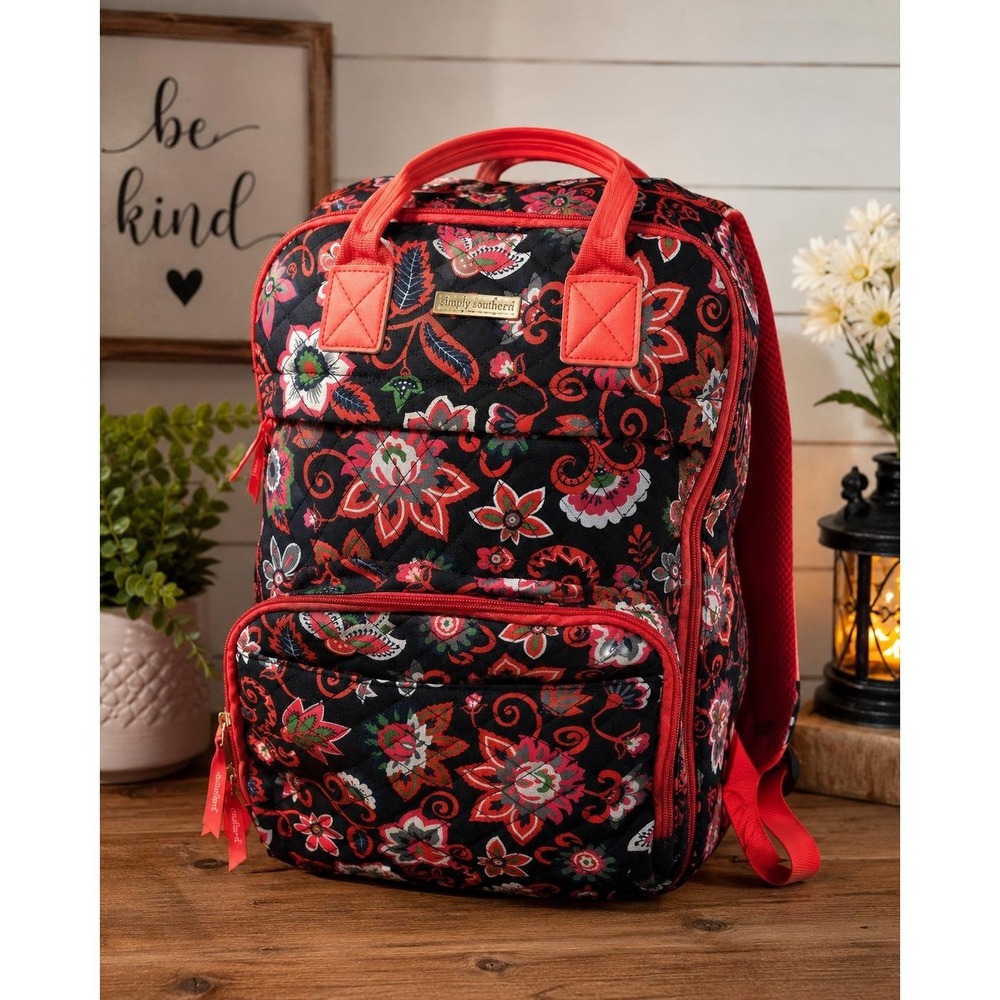 Simply Southern Floral Backpack Black Red Multicolor School Travel Bookbag